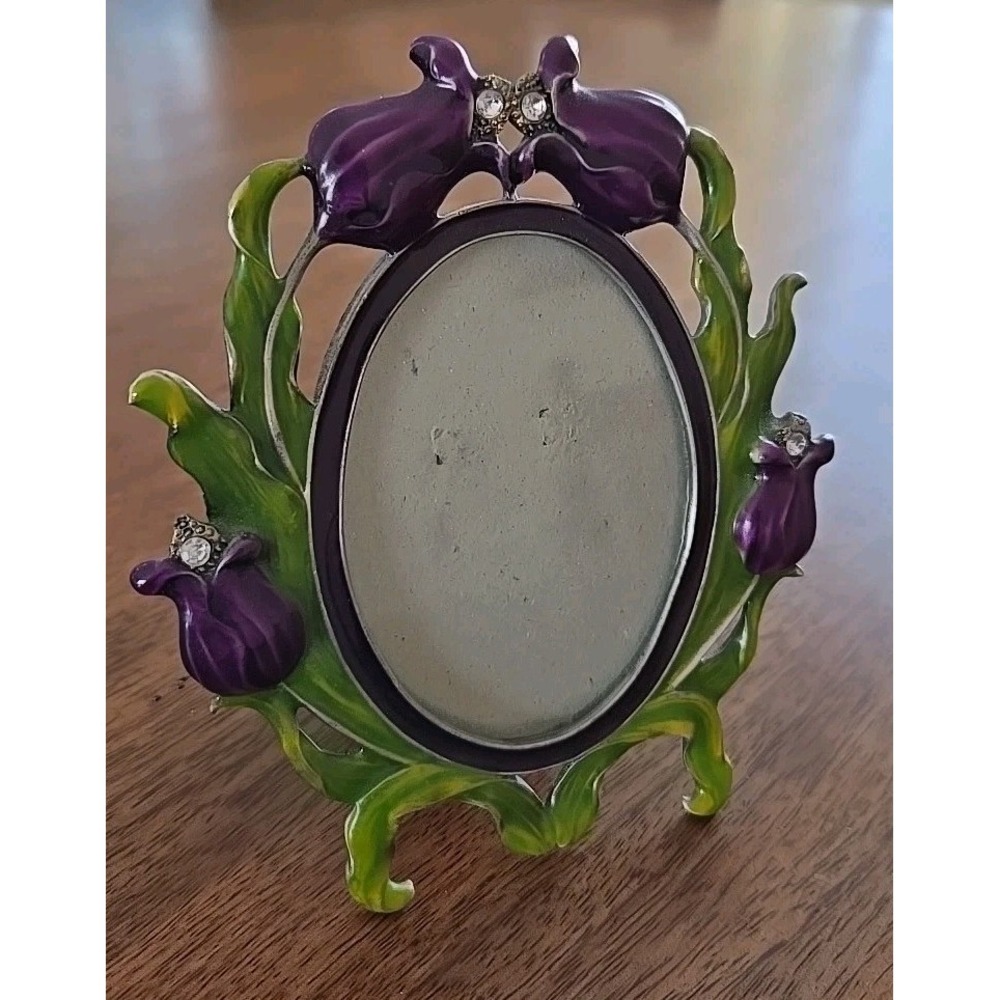 Vintage Jafra Oval Tulip Rhinestone Picture Frame 2.5"X3.5" Interior Enamel Coat